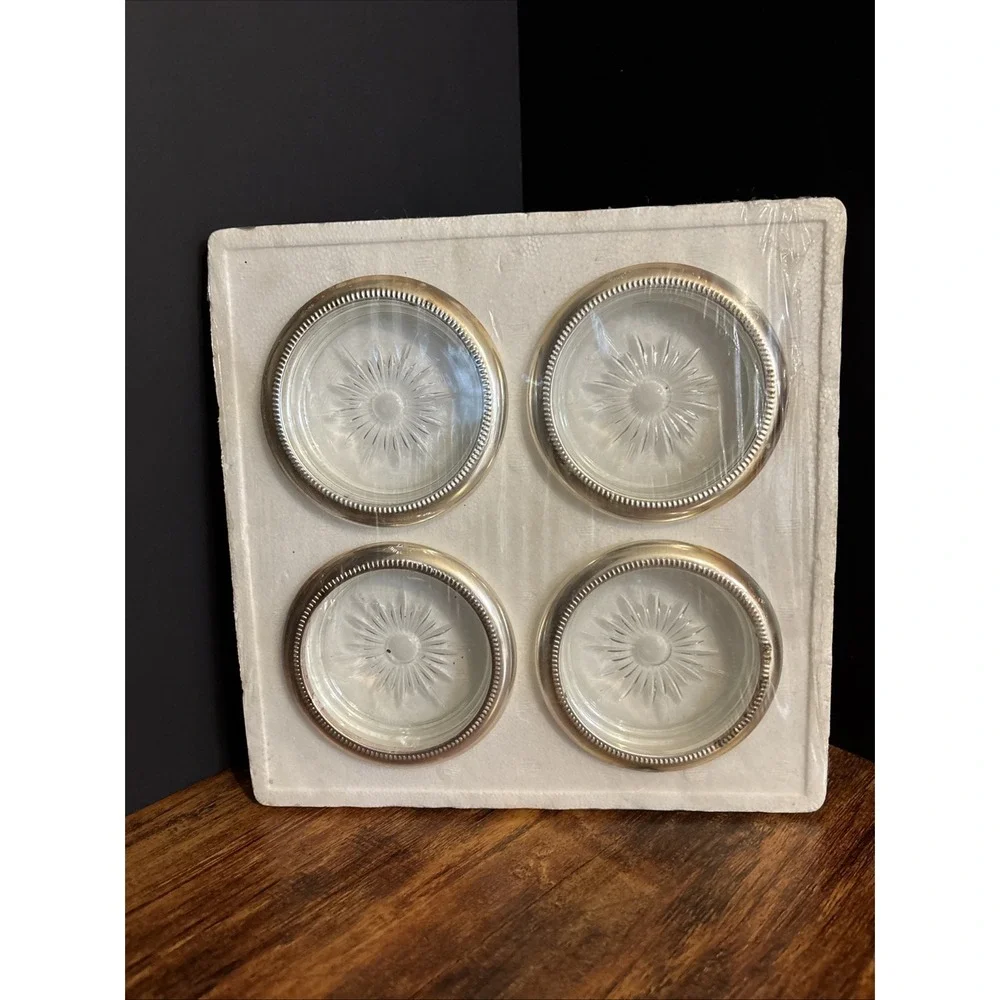 4 New Glass Silver Plate Coasters Mid Century Modern MCM Vintage NOS Italy